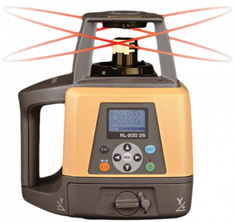Topcon RL-200 2S Rotationslaser + RC-400 Fjärrkontroll + Laddbara Batterier + Laddare + Batterikassett + Väska