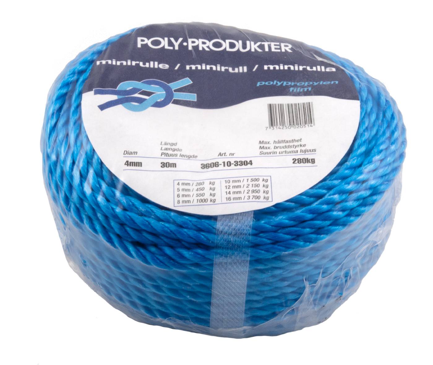 TÅGVIRKE POLY POLYPROPYLEN 3-SLAGET BLÅ 4MMX30M