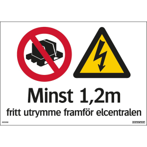Minst 1,2 m fritt utrymme framför elcentralen - Skylt - 297x210 mm