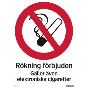 Rökning förbjuden Gäller även elektroniska cigaretter - Skylt - 210x297 mm